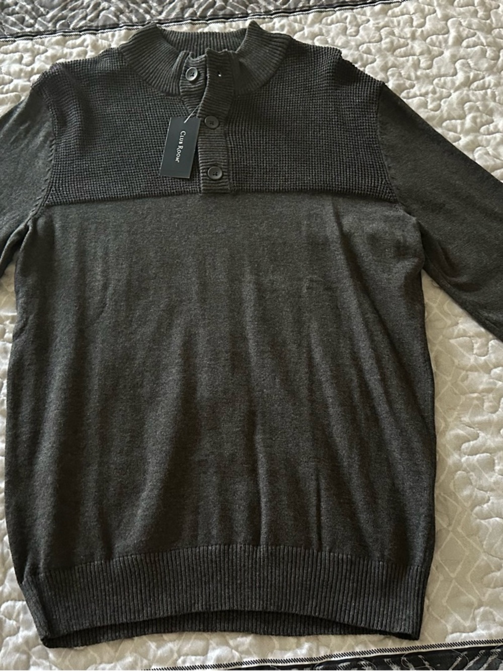 Club Room Men's Charcoal Button-Neck Crewneck Sweater